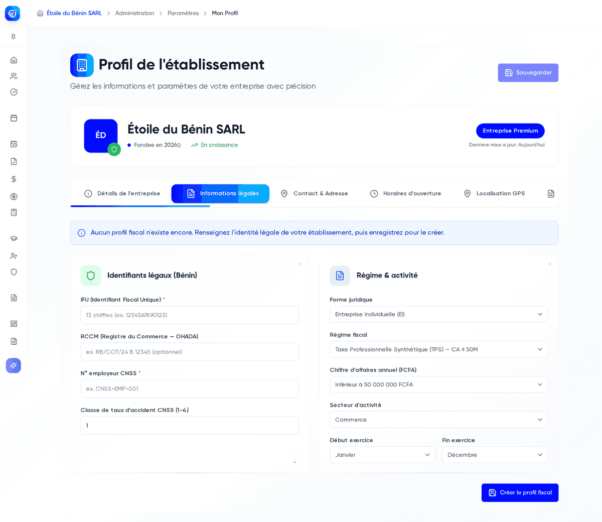 Onglet Informations légales avec les champs IFU, RCCM, numéro employeur CNSS et régime fiscal