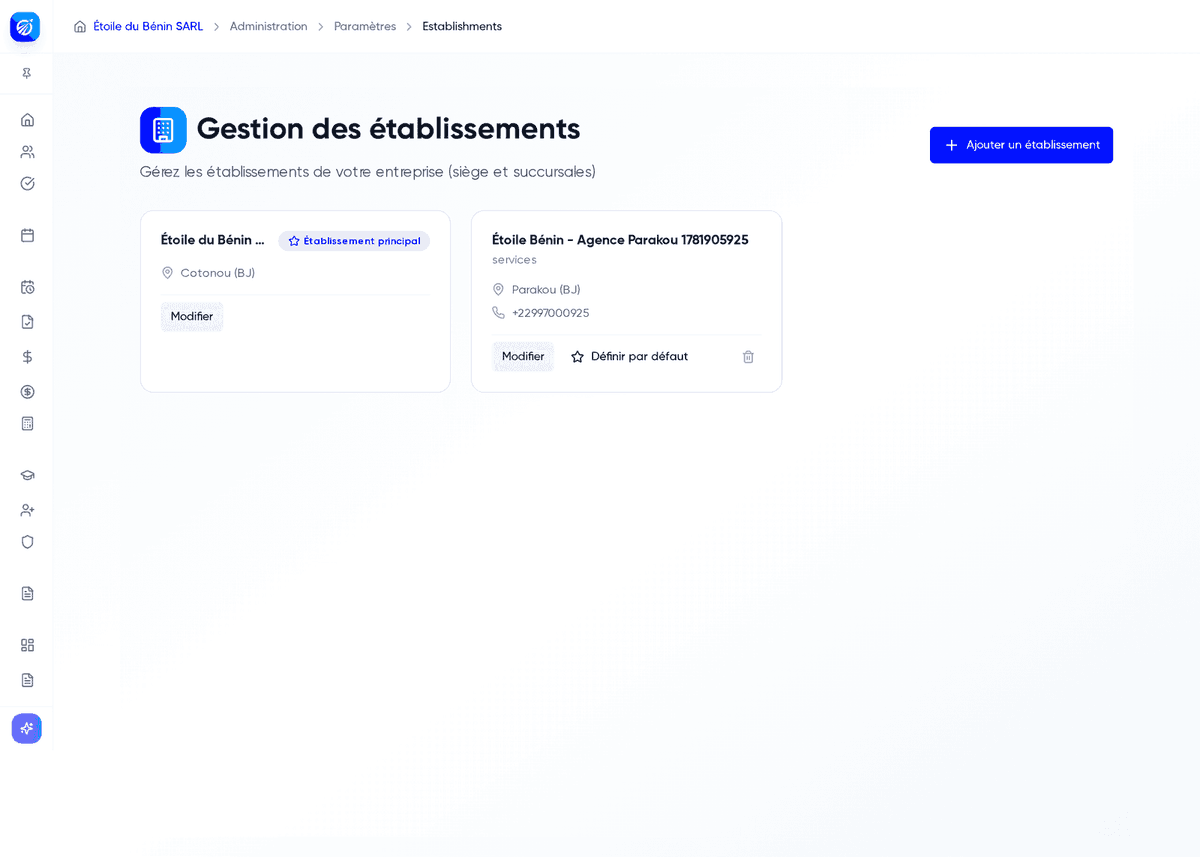 Liste des établissements avec le siège en tête et le bouton Ajouter un établissement