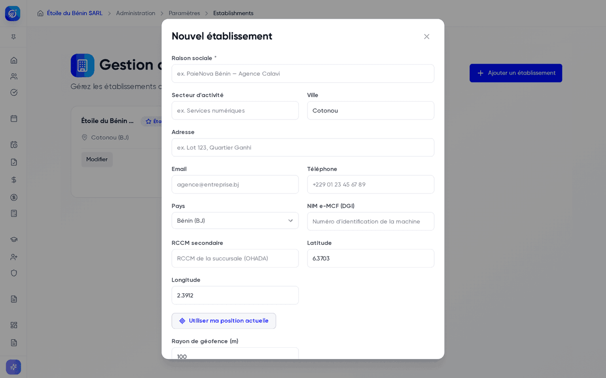Formulaire Nouvel établissement avec les champs RCCM secondaire, NIM e-MCF et géofence