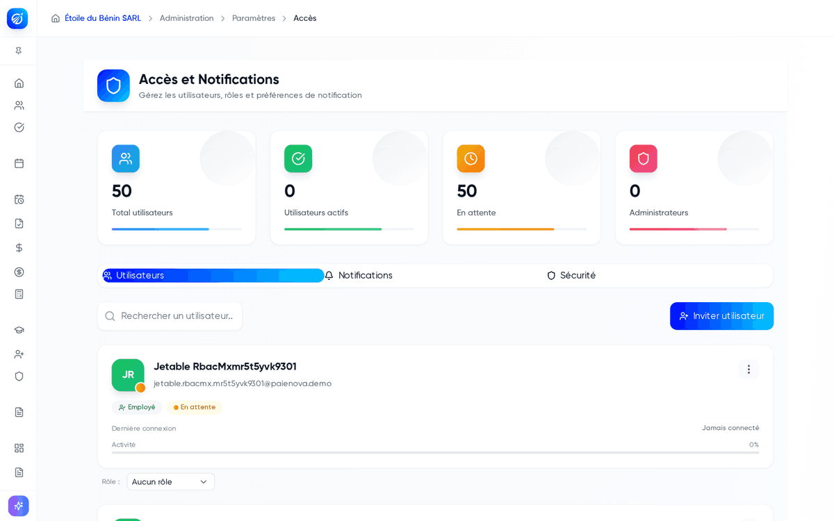 Écran Accès et Notifications, onglet Utilisateurs avec les statistiques et les cartes utilisateurs