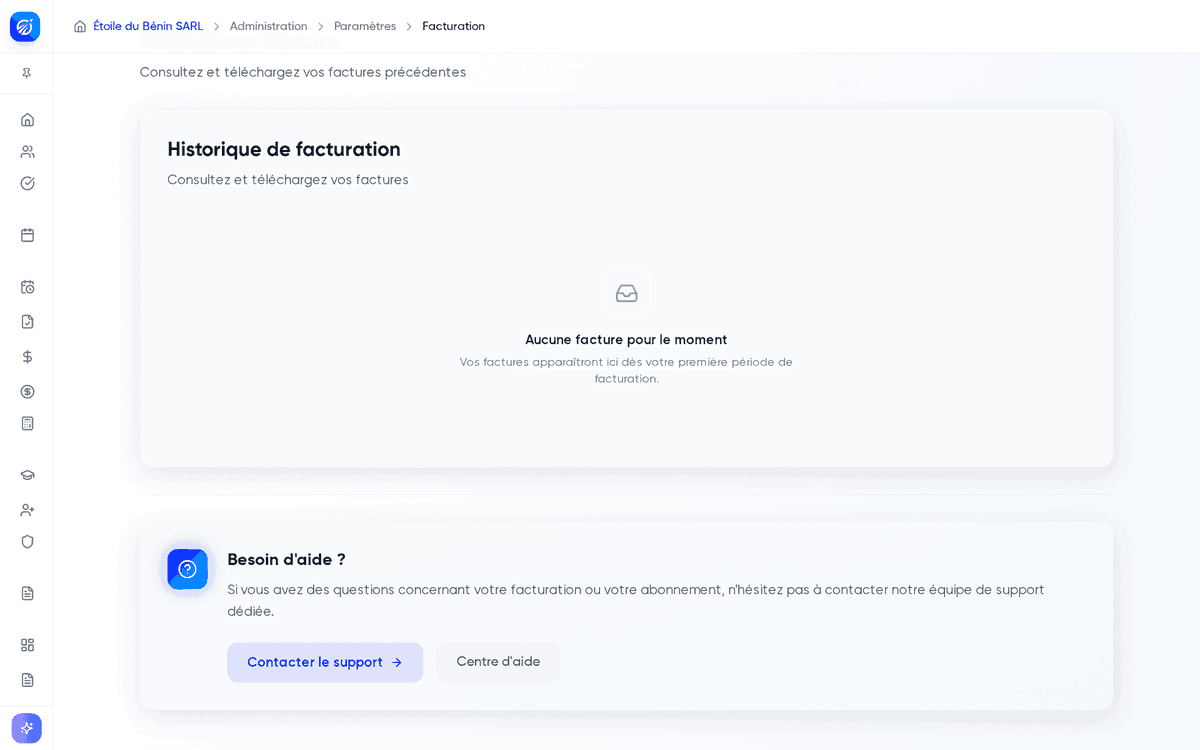 Section Historique de facturation, sans facture émise pour le moment