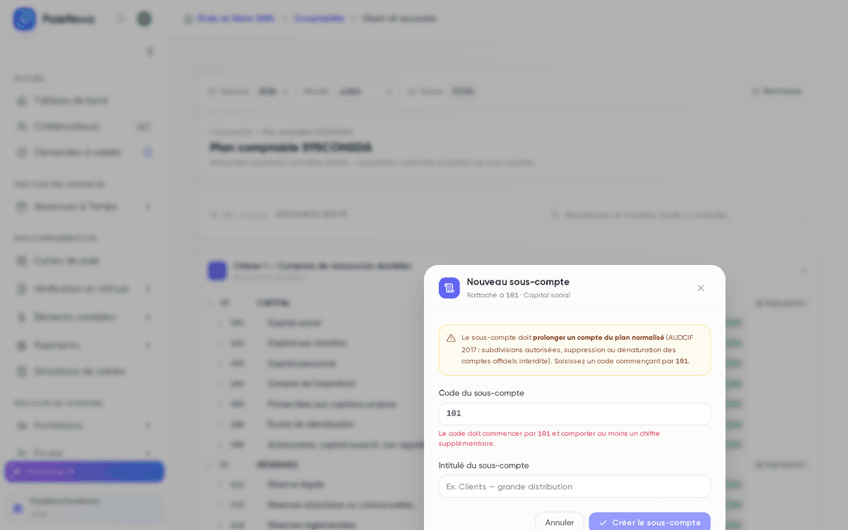 Fenêtre de création d’un sous-compte personnalisé avec les règles de validation SYSCOHADA affichées