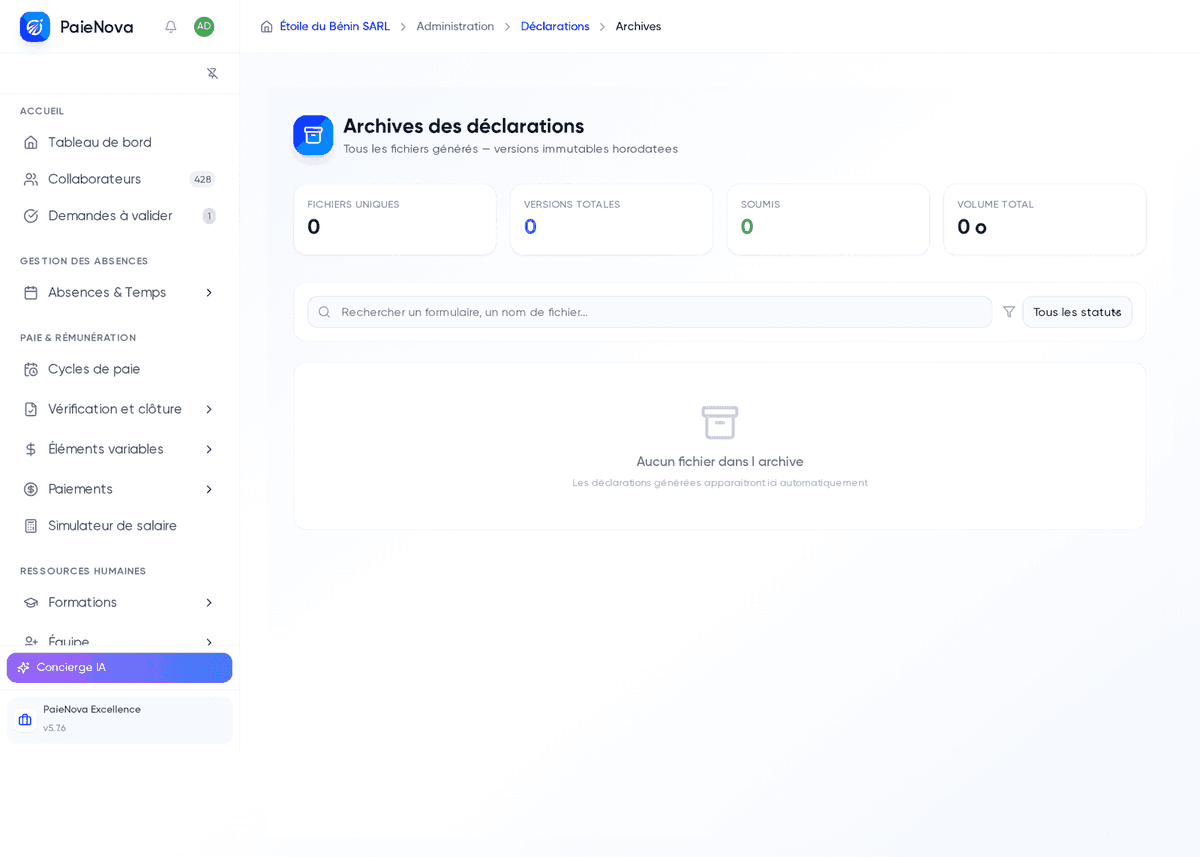 Page Archives des déclarations avec les compteurs de fichiers et de versions, la recherche et le filtre par statut, vide avant toute génération