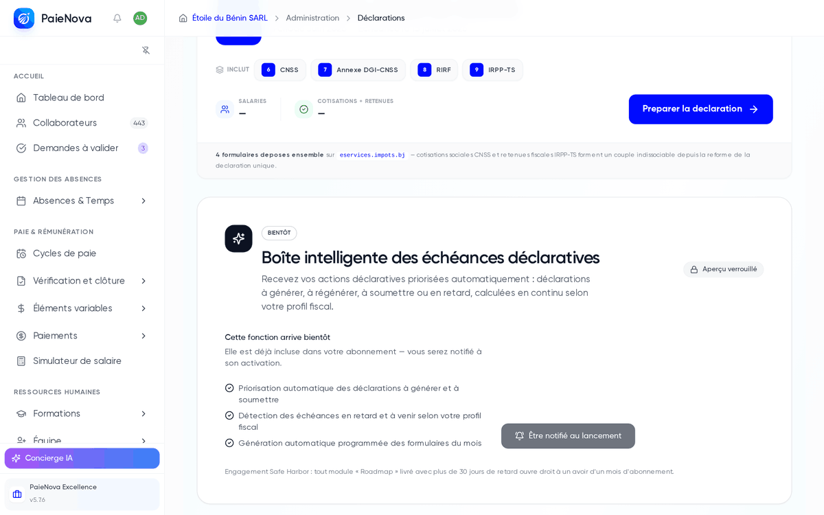 Hub des déclarations : action du mois « Déclaration unique sur salaires » et carte Boîte intelligente des échéances déclaratives annoncée Bientôt avec aperçu verrouillé