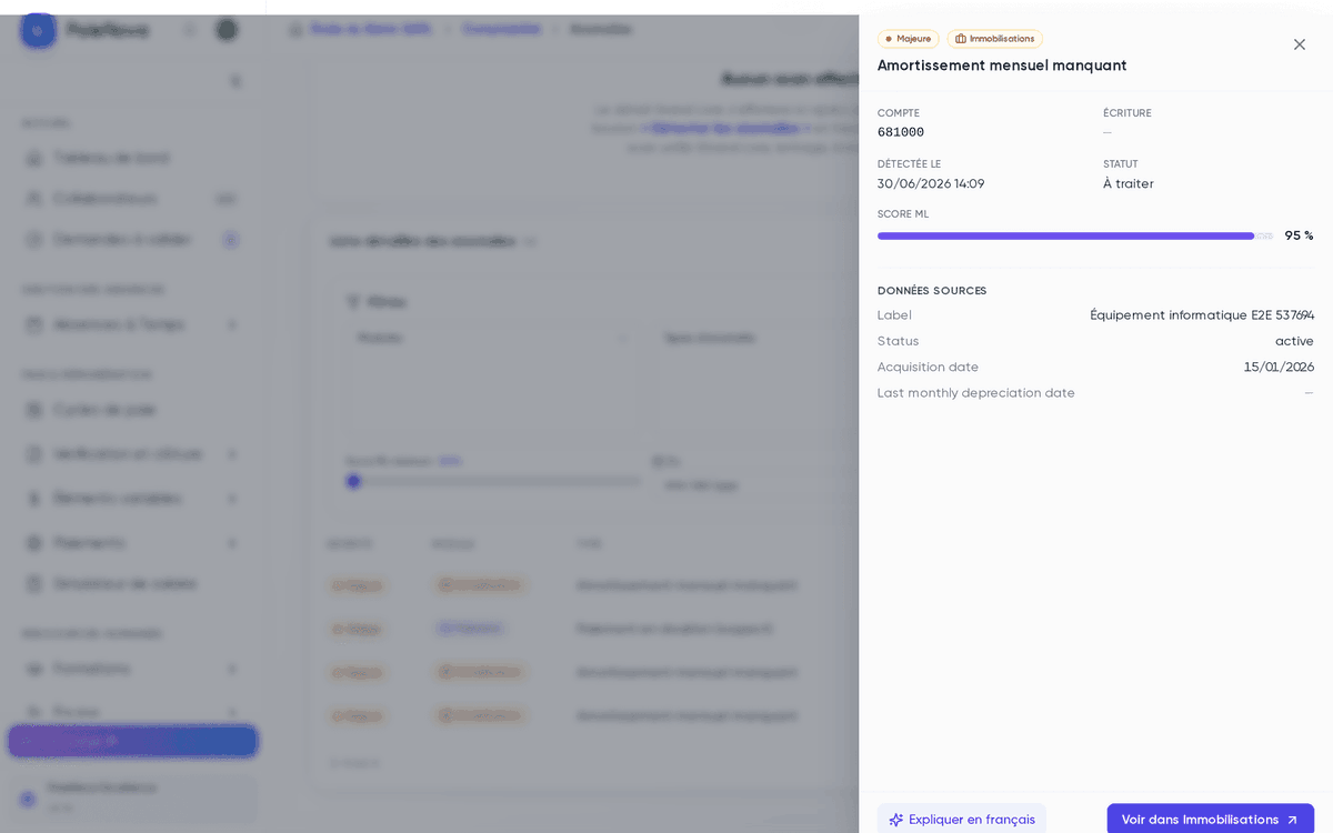 Fiche de détail d’une anomalie Amortissement mensuel manquant avec le score ML, les données sources et les boutons Expliquer en français et Voir dans immobilisations