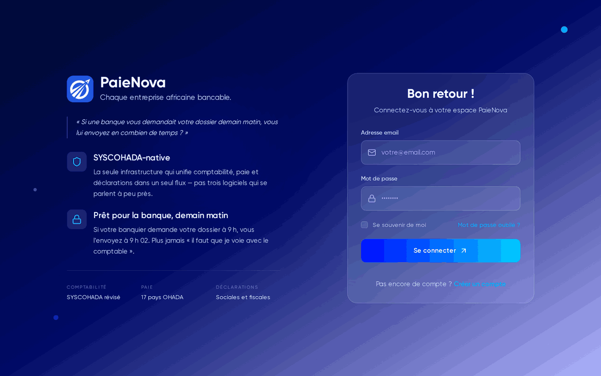 Page de connexion avec le formulaire « Bon retour ! », les champs adresse email et mot de passe