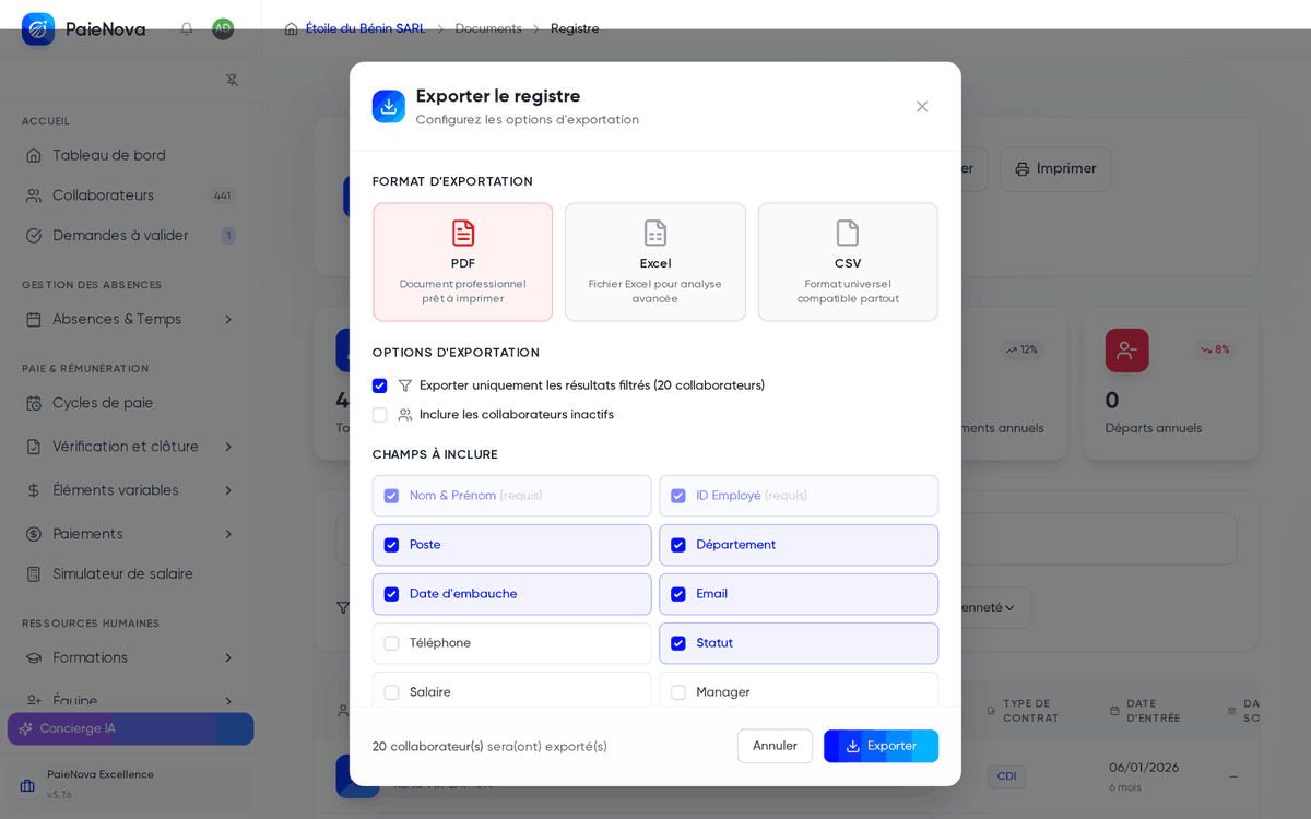 Fenêtre Exporter le registre avec les formats PDF, Excel et CSV et les champs à inclure