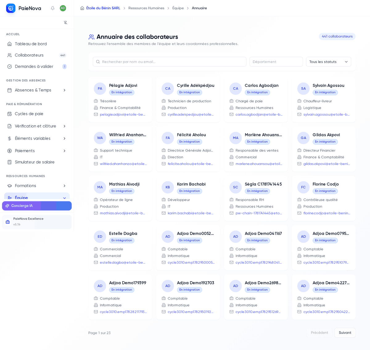 Annuaire des collaborateurs avec les cartes aux informations professionnelles